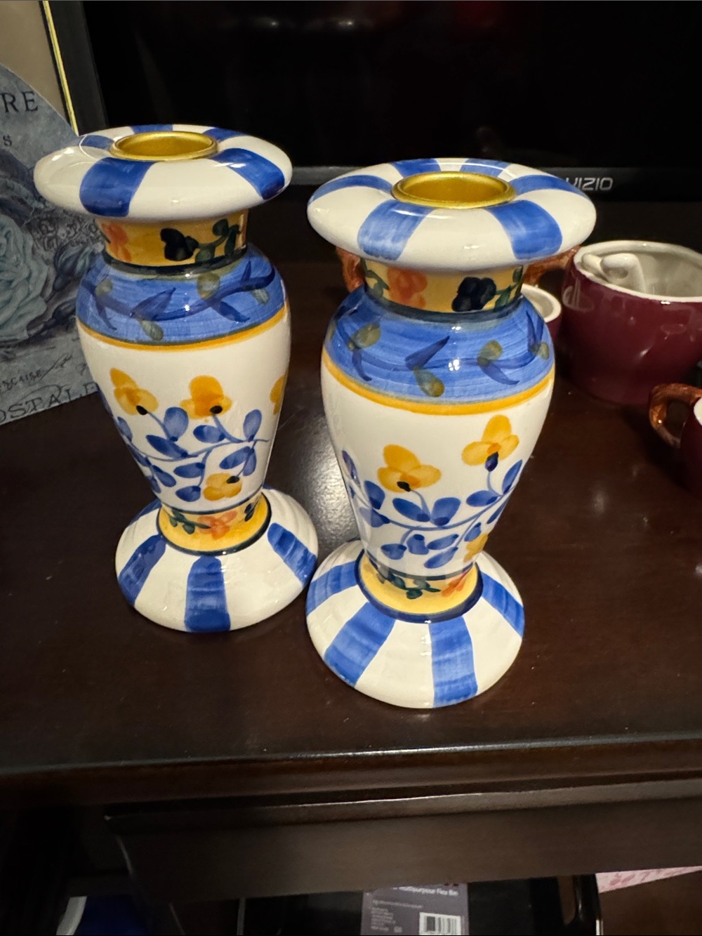Hand-Painted Tuscan Blue and Yellow Ceramic Candle Holders - Pair